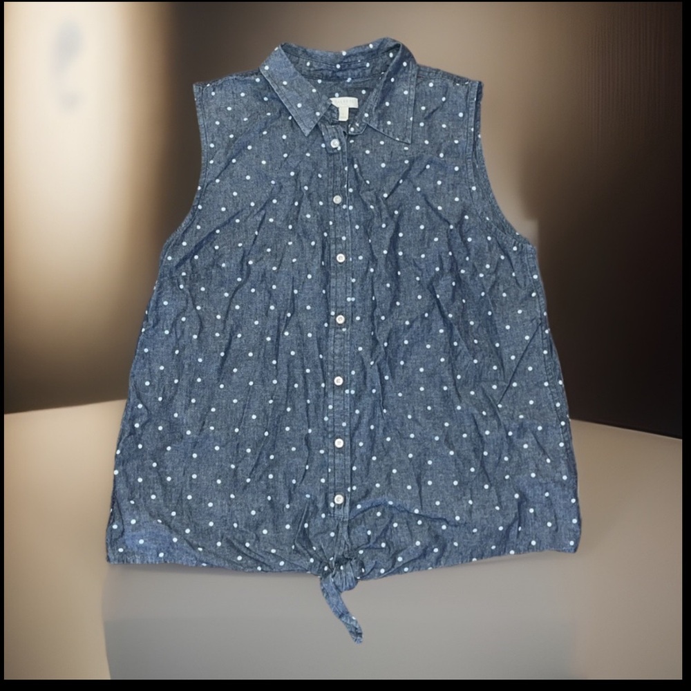 Talbots Sleeveless Blue & White Dots Top Front-Tie Button Down Elastic Waist